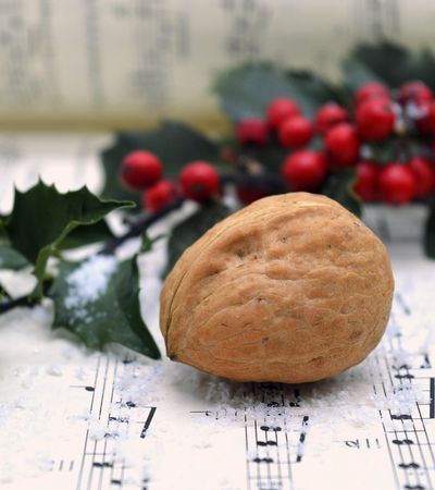 Zu sehen sind ein Distelzweig mit roten Beeren und eine Walnuss auf einem Notenblatt liegend.