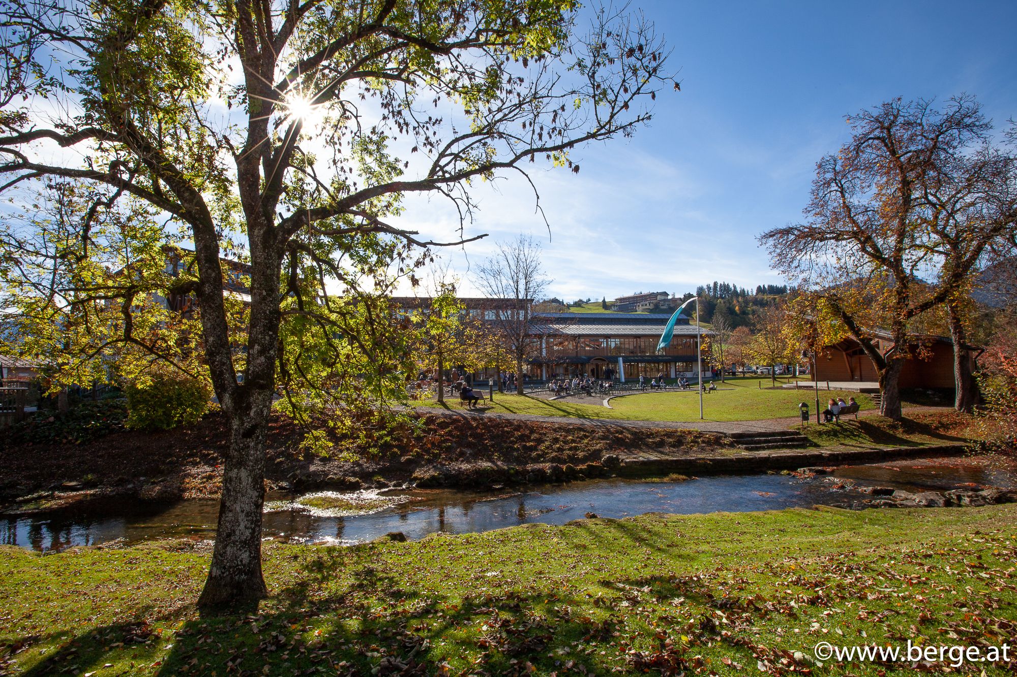 Idyllische Naturlandschaft mit einem sanft fließenden Fluss, umgeben von grünen Wiesen und Bäumen.