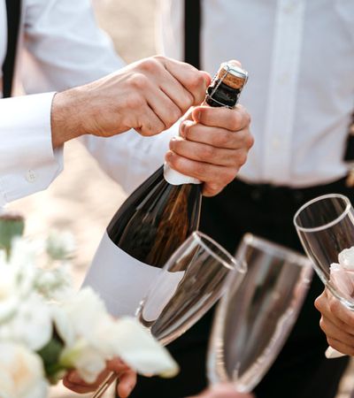 Anstoßen mit Sektgläsern auf einer Hochzeit – festlicher Moment voller Freude und Liebe beim Hochzeitsfest.