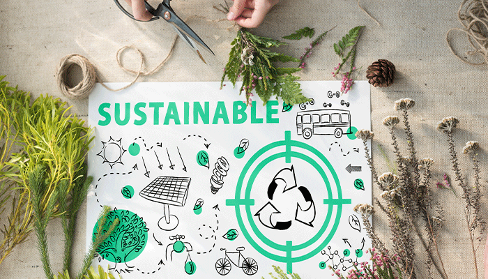 Plan mit nachhaltigen Aktivitäten und Maßnahmen eingerahmt von Pflanzen