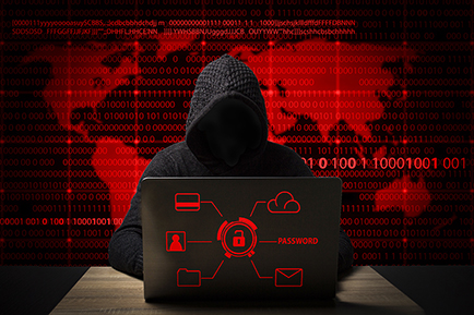 hacker in a jacket with a hood with a laptop sits at the table. Added identity theft icons, account hijacking, bank data theft and world map.