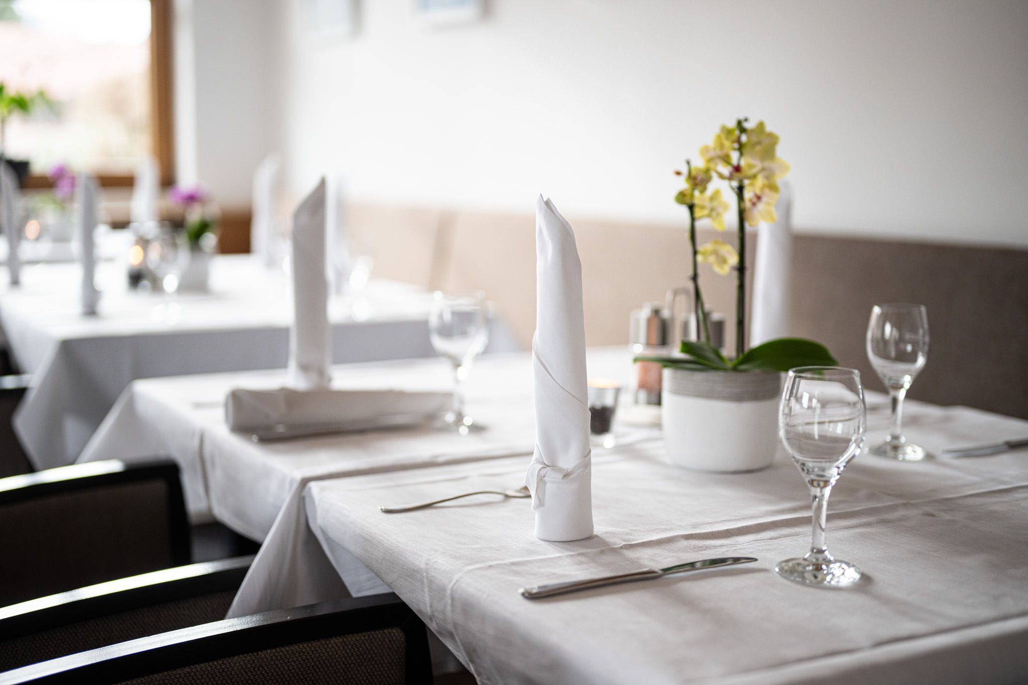 Minimalistisch gedeckter weißer Tisch mit einer kleinen Orchidee als eleganter Blickfang in der Mitte.