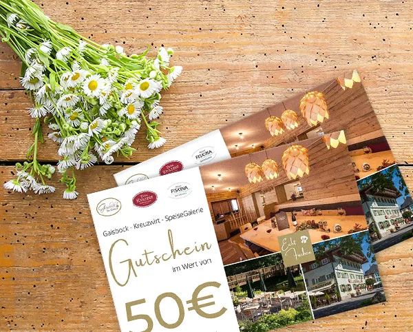 Stilvoll gestaltete Gutscheine der Speisegalerie Fischen – eine geschmackvolle Geschenkidee für Genussmomente und kulturelle Erlebnisse.