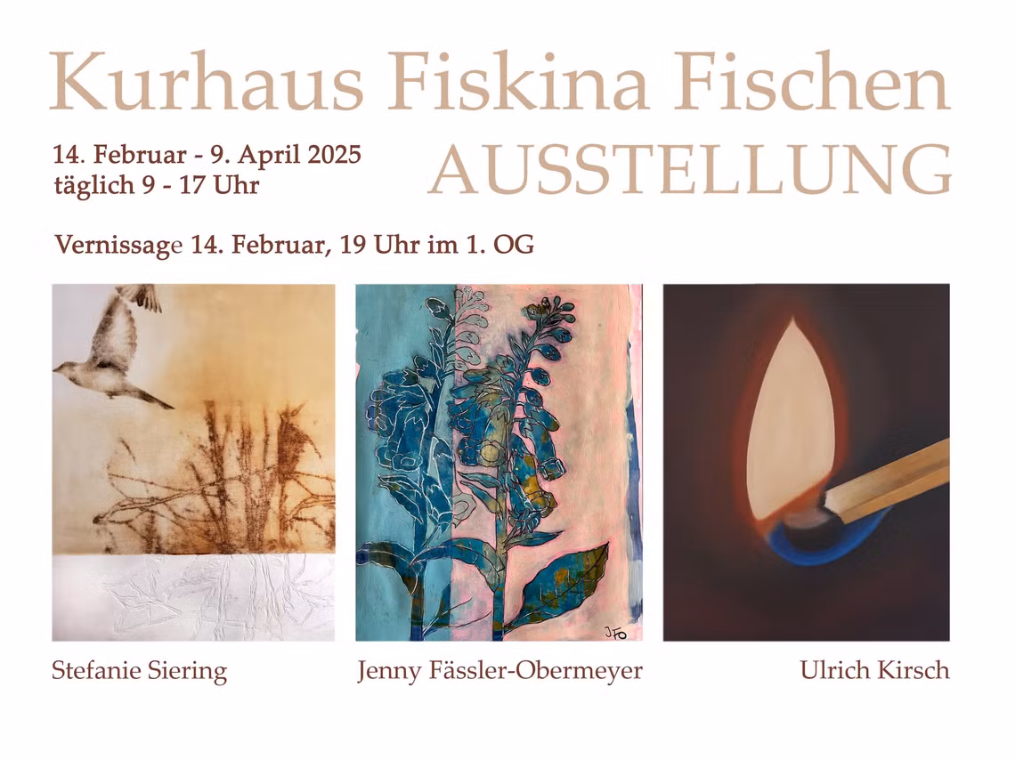 Einladungskarte zur Ausstellung in der Fiskina Fischen im Februar – Vorderseite mit Design und Veranstaltungshinweisen.