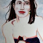 Porträtzeichnung einer Frau mit dunklen Haaren und roten Lippen – Ankündigung der Kunstausstellung „Schwäbisches Dreierlei“ im Kurhaus Fiskina in Fischen vom 25. Juli bis 9. September.