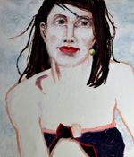 Porträtzeichnung einer Frau mit dunklen Haaren und roten Lippen – Ankündigung der Kunstausstellung „Schwäbisches Dreierlei“ im Kurhaus Fiskina in Fischen vom 25. Juli bis 9. September.