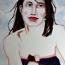Porträtzeichnung einer Frau mit dunklen Haaren und roten Lippen – Ankündigung der Kunstausstellung „Schwäbisches Dreierlei“ im Kurhaus Fiskina in Fischen vom 25. Juli bis 9. September.