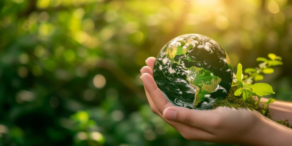 in the background blurred forest - in front two hands carrying a ball in which forest/nature is reflected