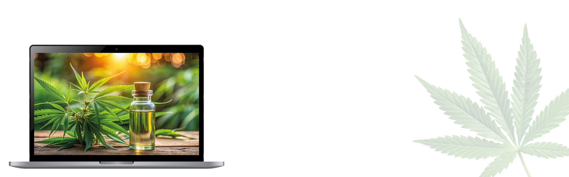Hintergrundbild für CTA. Laptop mit Bild von Cannabis und Cannabisöl im Display auf der Linken Seite und ein Cannabisblatt auf der rechten Seite.