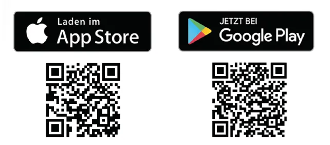 QR Codes für den Link zum Google Play Store und Apple App Store.