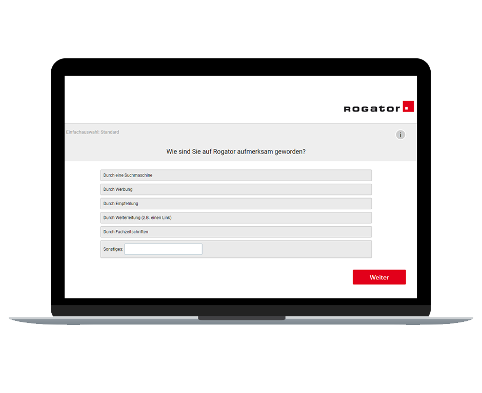 Ein Laptop mit der geöffneten Befragungssoftware von Rogator.