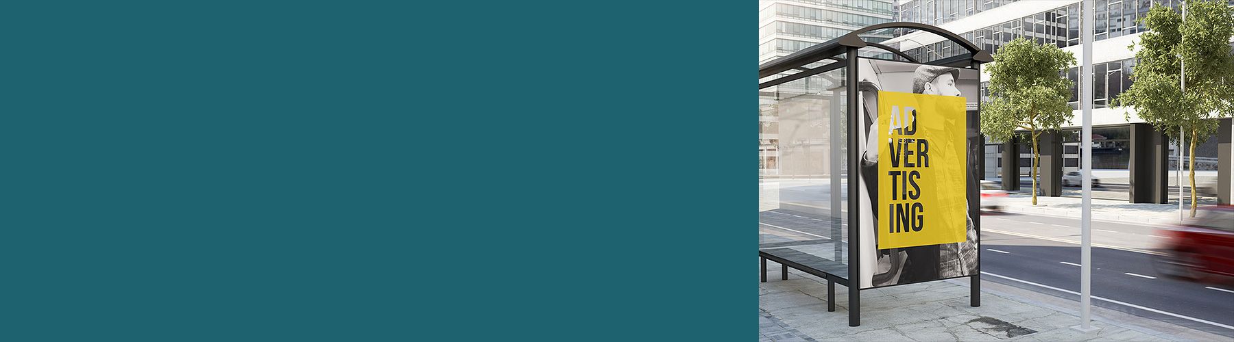 Das das Messen von Werbewirkung zum Erfolg: an einer befahrenen Straße befindet sich an einer Bushaltestelle ein Häuschen mit Plakatwerbung.