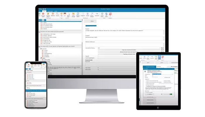 Die G3plus-Showroom Software wird auf einem Laptop, einem Smartphone und einem Tablet gezeigt.