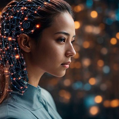 Mit einer Kundenanalyse Kundenbedürfnisse verstehen. Eine Frau steht vor einem futuristischem Hintergrund.