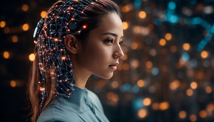 Mit einer Kundenanalyse Kundenbedürfnisse verstehen. Eine Frau steht vor einem futuristischem Hintergrund.