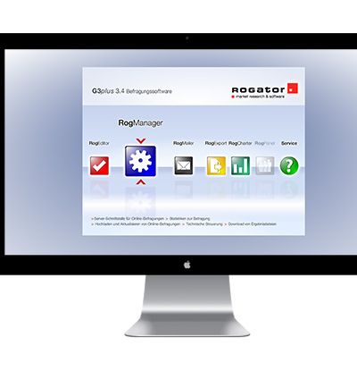 Startseite von Befragungssoftware G3Plus auf einem Mac-Desktop