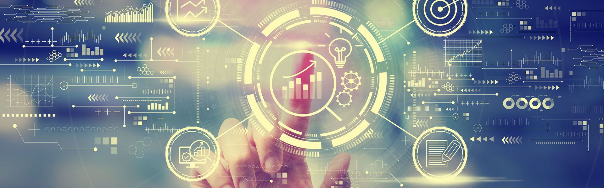 Ein Finger Tippt auf einem Hologramm, um die Fragebogengestaltung auszuwählen.