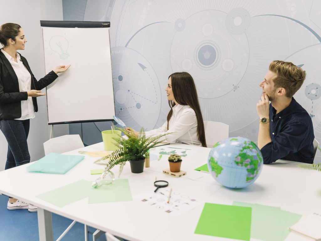 junge Frau stellt ihren Kollegen ihr Nachhaltigkeitskonzept vor