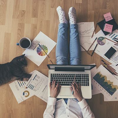Eine Person sitzt auf dem Boden umringt von Arbeitsunterlagen und einer Katze und arbeitet am Change Management.