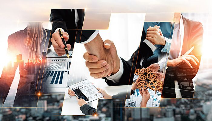 Teamwork and human resources HR management technology concept in corporate business with people group networking to support partnership, trust, teamwork and unity of coworkers in office vexel