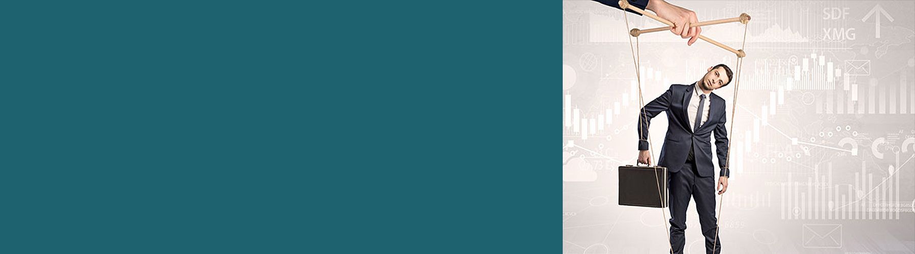 Ein Geschäftsmann hängt wie eine Marionette an den Strängen einer anderen Person und zeigt die Gefahr von gefälschte Fragebögen.