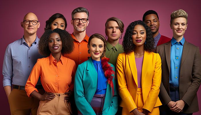 Gleichstellung als gelebter Unternehmensalltag: Menschen unterschiedlicher Hautfarben schauen in die Kamera.