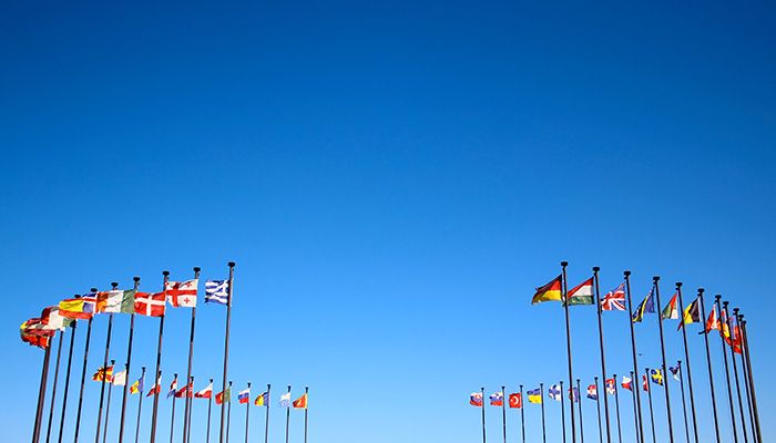 Internationales Mitarbeiterfeedback wird durch verschiedene Länderflaggen dargestellt.