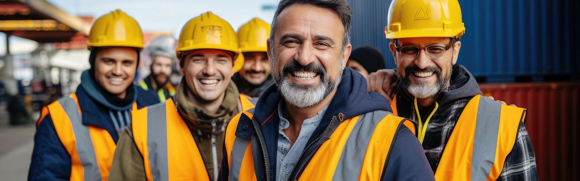 Eine Mitarbeiterbefragung in der Industrie wird bei einer Gruppe von Bauarbeitern durchgeführt.