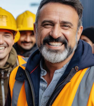 Eine Mitarbeiterbefragung in der Industrie wird bei einer Gruppe von Bauarbeitern durchgeführt.