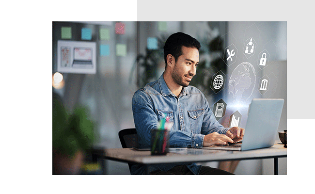 Ein Mann nimmt am Laptop an einer Mitarbeiterforschung teil.