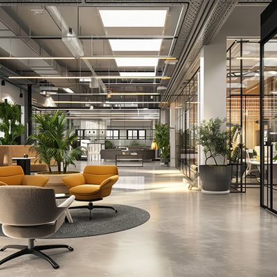 Auf dem Bild ist ist ein leeres Büro abgebildet, welches nach dem Motto moderne Arbeitswelten eingerichtet wurde.