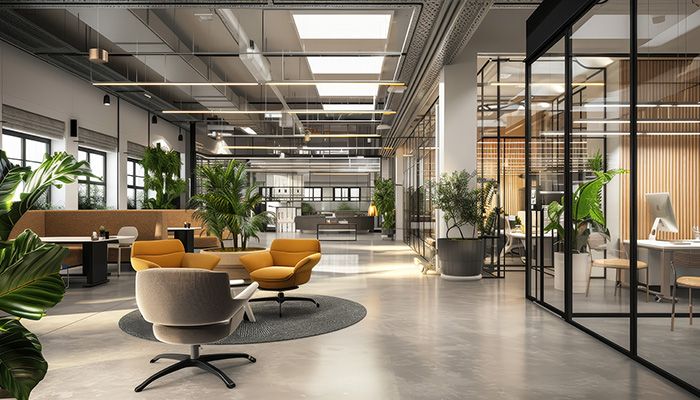 Auf dem Bild ist ist ein leeres Büro abgebildet, welches nach dem Motto moderne Arbeitswelten eingerichtet wurde.