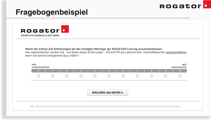 Ein NPS®-Fragebogen besteht zum einen Teil aus einer geschlossenen Frage zur Weiterempfehlungsbereitschaft, die durch einen Wert auf der Skala zwischen 0 und 10 beantwortet wird.