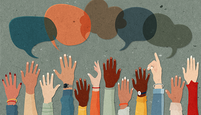 Eine Zeichnung von diversen Armen und Sprechblasen symbolisiert die unterschiedlichen Antworten bei einer Panelbefragungen.