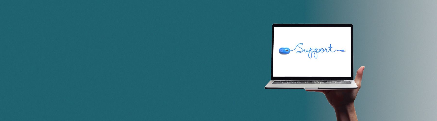 Eine Hand hält einen Laptop hoch auf dem ein Bild mit der Schrift Support zu sehen ist.