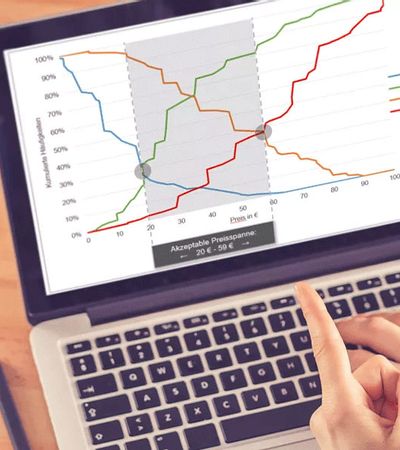 Conjoint Analyse Auswertungsbeispiel Van Westendorp auf Laptop.