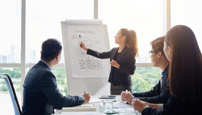 Nachdem eine internationale Mitarbeiterbefragung unternommen wurde, bespricht ein Team diese im Büro.