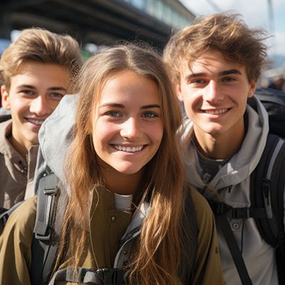 Drei junge Menschen, die das Deutschlandticket verwenden stehen an einem Gleis.