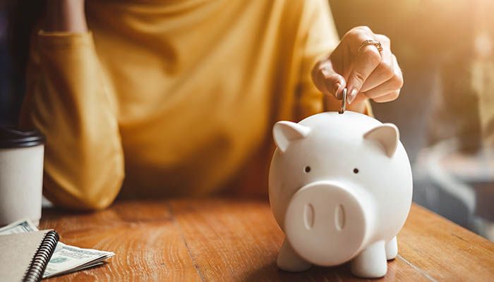 woman hand putting money coin into piggy for saving money wealth and financial concept.