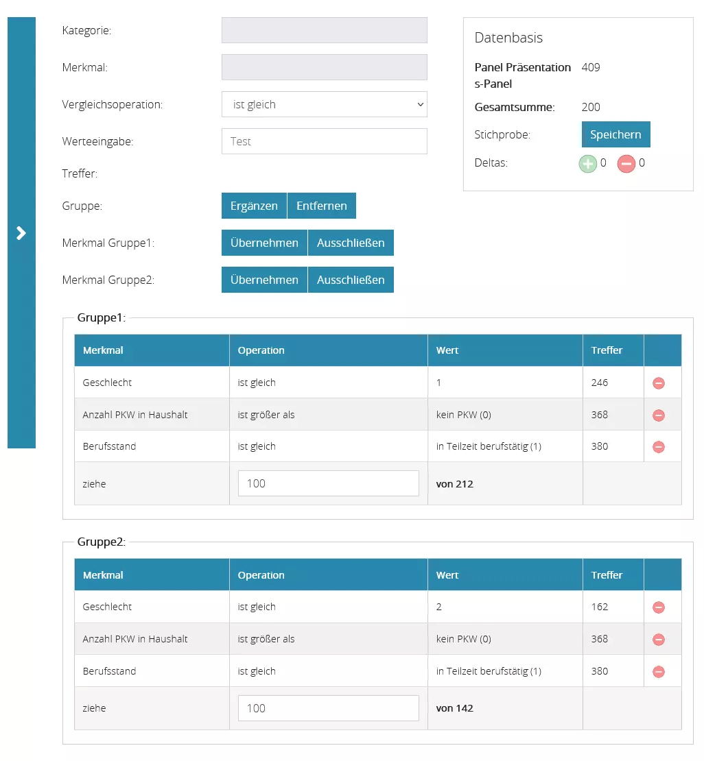 Screenshot Merkmale für Stichprobe hinterlegen