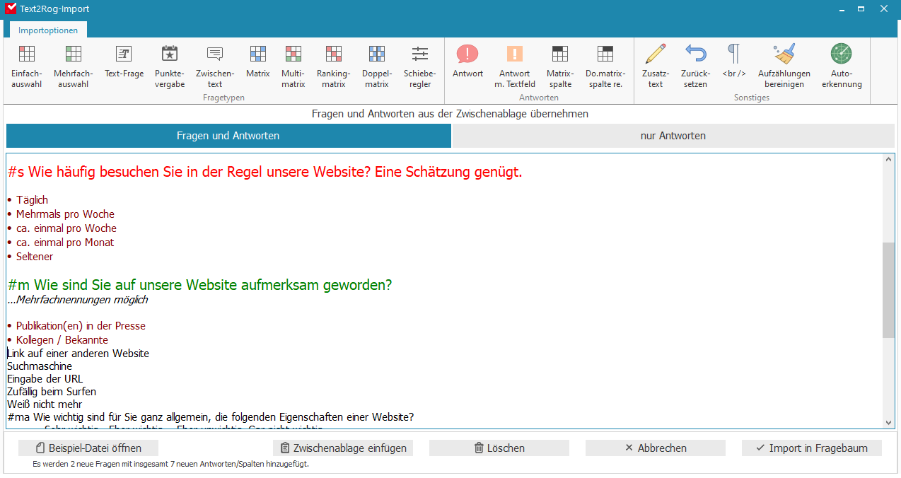Manuelle Zuweisung Fragetypen G3plus