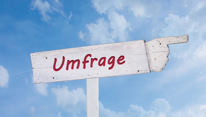 Auf einem Schild steht Fragebogen Mitarbeiterzufriedenheit.