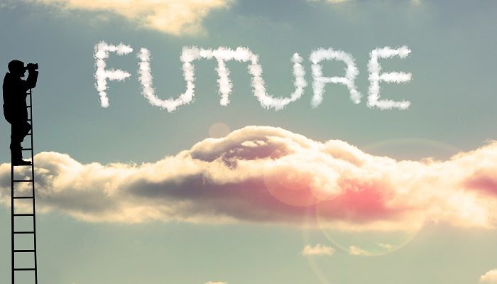 Mann auf Leiter - Wolkenschriftzug "Future"