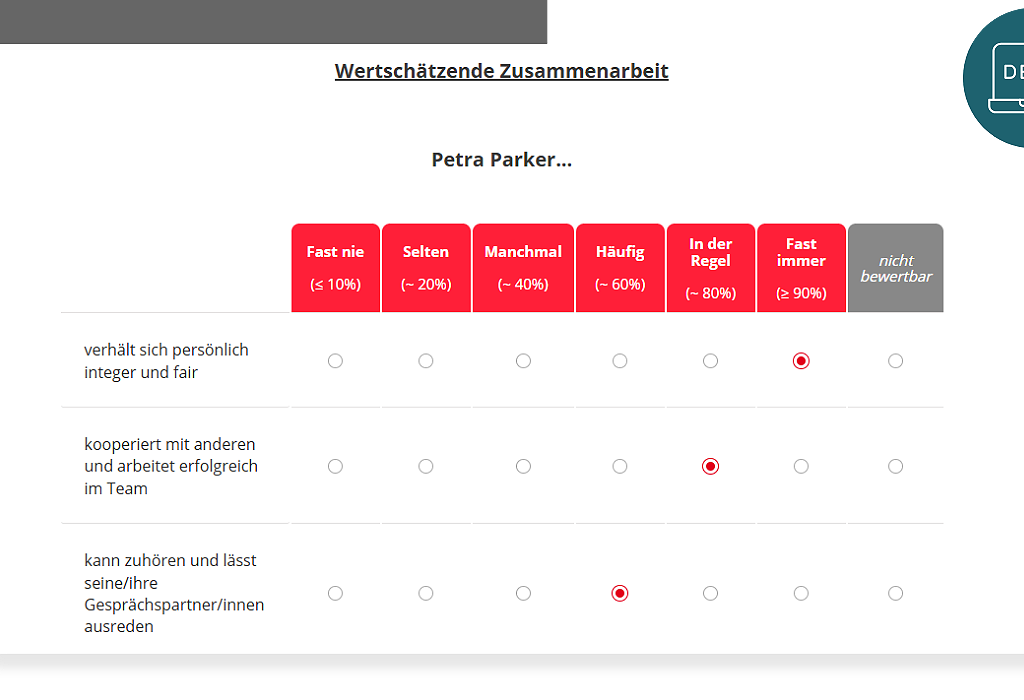 Führungskräftebefragung Demo Item zur wertschätzenden Zusammenarbeit