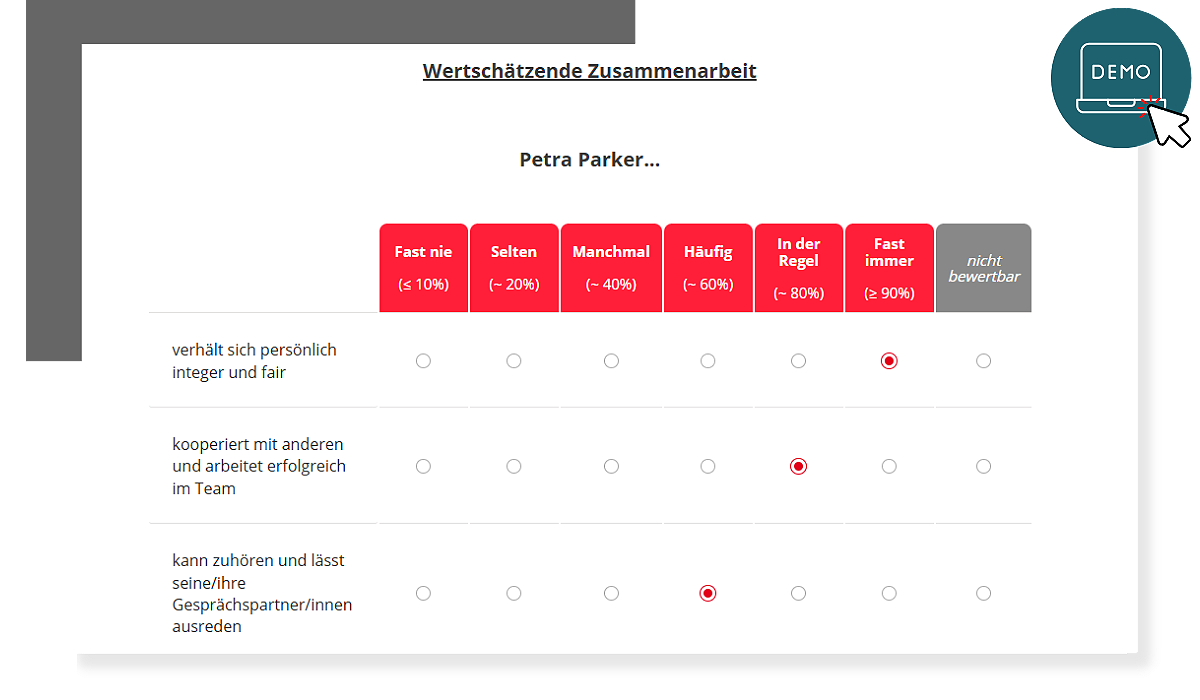 Führungskräftebefragung Demo Item zur wertschätzenden Zusammenarbeit