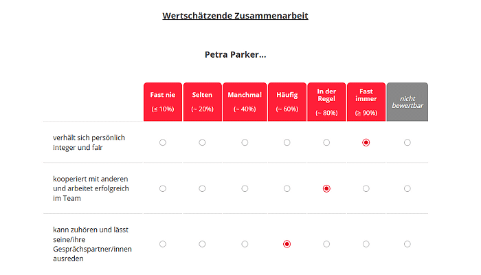 Führungskräftebefragung Demo Item zur wertschätzenden Zusammenarbeit