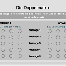 Eine Doppelmatrix besteht aus 2 Hälften, wodurch eine Aussage anhand 2 Kriterien gleichzeitig bewertet werden kann, z.B Zustimmung und Relevanz.