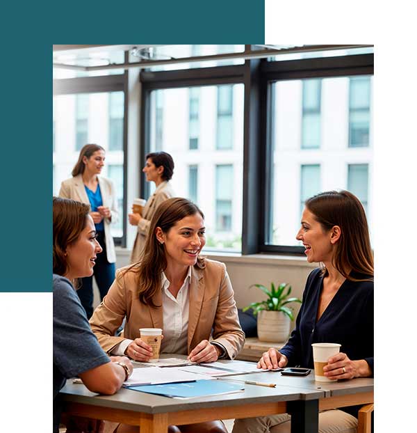 3 Frauen bei einem Gespräch mit Kaffee im Büro