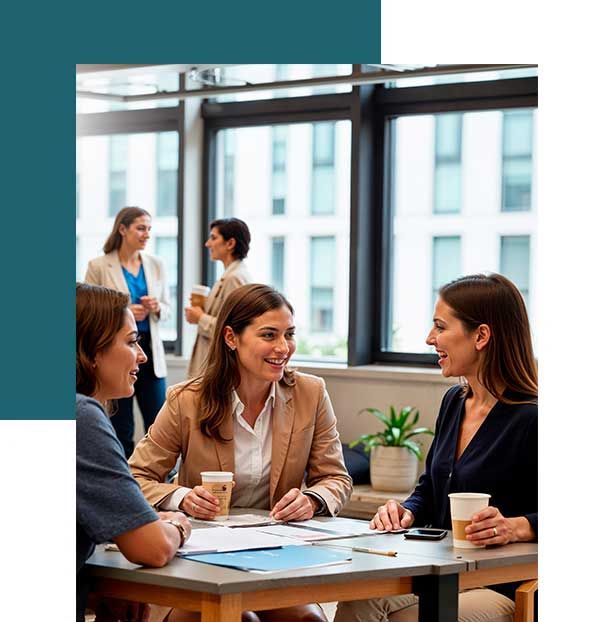 3 Frauen bei einem Gespräch mit Kaffee im Büro