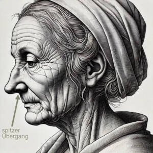 Seitprofil einer älteren Frau mit hängender Nasenspitze